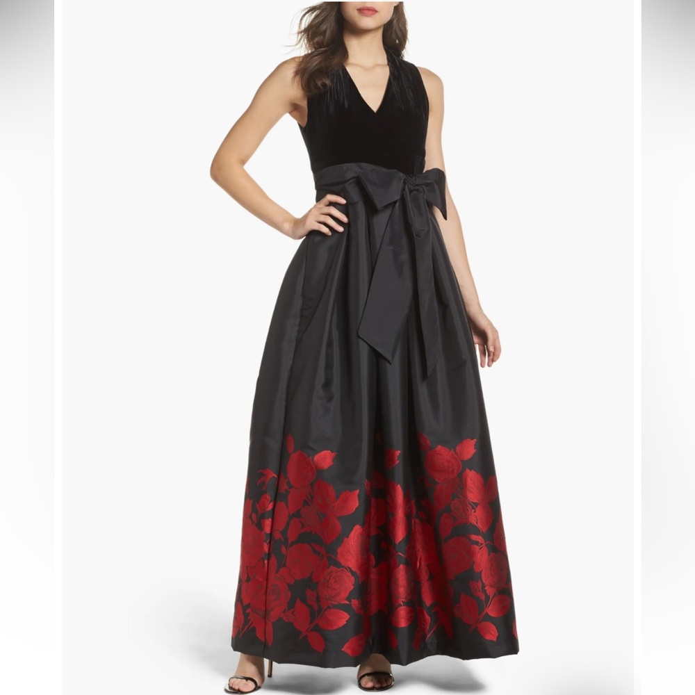 Eliza J Black Velvet & Jacquard Red Rose Floral Formal Ballgown Dress Pockets 4
